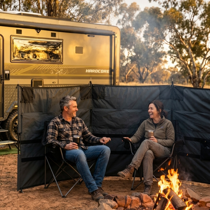 A couple sat around the campfire infront of CampWall Flex