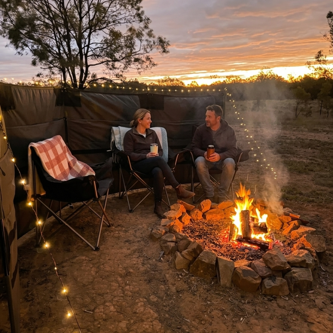 Two people sat around the fire with campwall flex